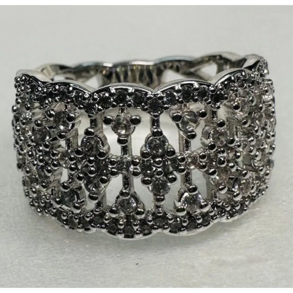 Bomb Party Size 7 Clear CZ Wide Lace Statement Ring Rhodium Plated BP